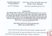 Nghị Quyết quy định giá dịch vụ khám bệnh, chữa bệnh thuộc danh mục do quỹ BHYT thanh toán, giá dịch vụ khám bệnh do nhà nước thanh toán, giá dịch vụ khám bệnh chữa bệnh không thuộc danh mục do quỹ BHYT thanh toán mà không phải là dịch vụ khám bệnh, chữa bệnh theo yêu cầu đối với cơ sở khám bệnh, chữa bệnh của Nhà nước thuộc phạm vi quản lý của tỉnh Khánh Hòa.