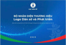 Hình ảnh Logo Dân số và Phát triển được thiết kế thành bộ nhận diện thương hiệu và thể hiện trên các nền tảng khác nhau.